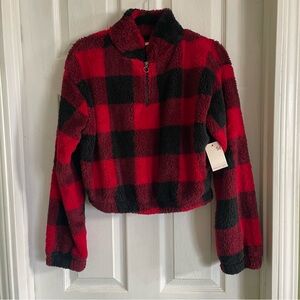 SO Red Black Buffalo Plaid Fleece Pullover NWT Small Cropped Cozy Sweater